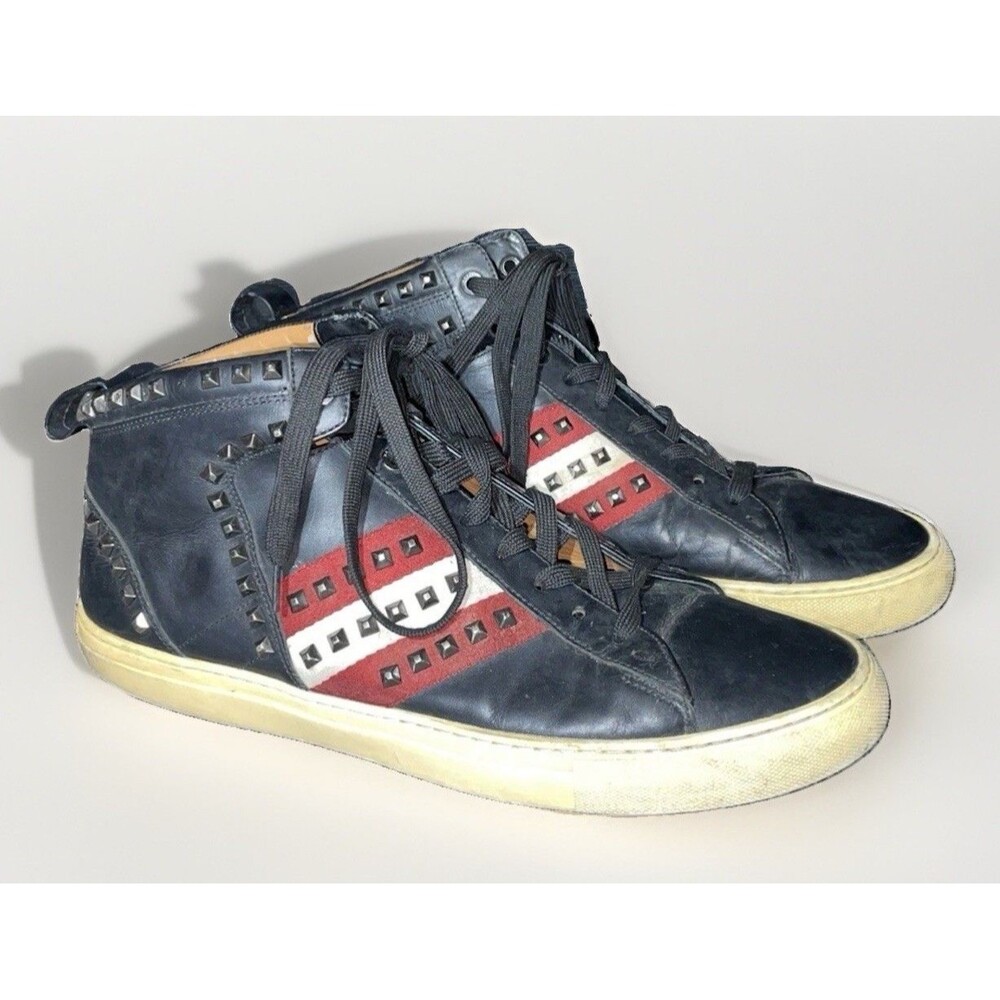 Bally Hedern-B Studded High Top Sneaker Black Leather EU12 US13 Red Stripe